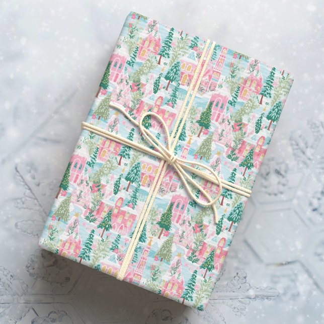 Snowy Pink Christmas Town Wrapping Paper (Creator Uploaded)