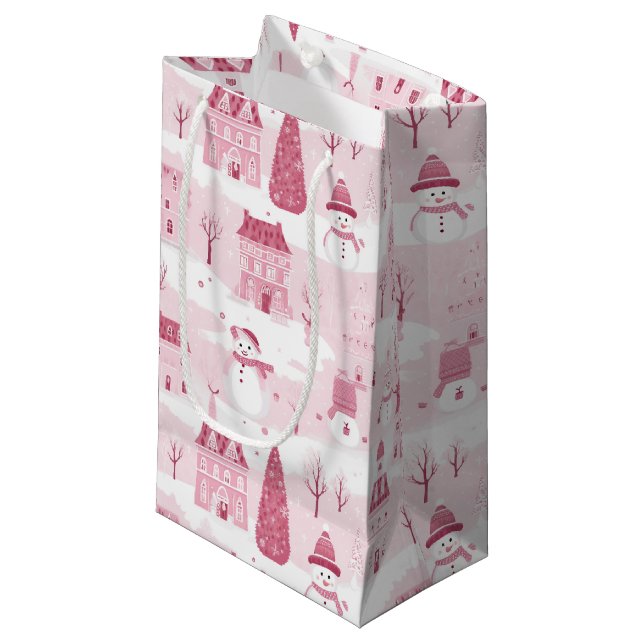 Snowy Pink Christmas Village Small Gift Bag (Front Angled)