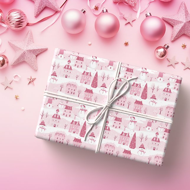 Snowy Pink Christmas Village  Wrapping Paper (Creator Uploaded)