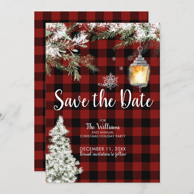 Snowy Plaid Christmas Holiday Party Save the Date Invitation (Front/Back)