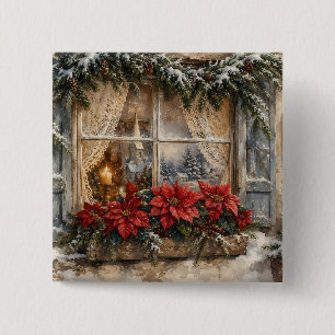 Snowy Poinsettia Christmas Window 15 Cm Square Badge