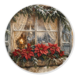 Snowy Poinsettia Christmas Window Ceramic Knob