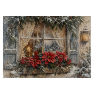 Snowy Poinsettia Christmas Window Cutting Board