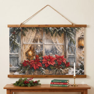 Snowy Poinsettia Christmas Window Hanging Tapestry