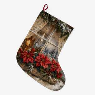 Snowy Poinsettia Christmas Window Large Christmas Stocking