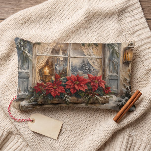 Snowy Poinsettia Christmas Window Lumbar Cushion