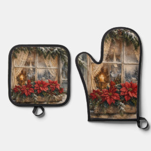 Snowy Poinsettia Christmas Window Oven Mitt & Pot Holder Set