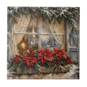 Snowy Poinsettia Christmas Window Tile