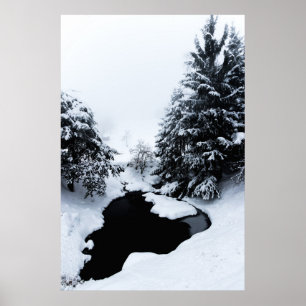 Snowy pond and trees disappearing in fog poster