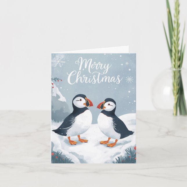 Snowy Puffins Christmas Card (Front)