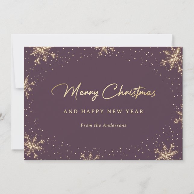 Snowy Purple and Gold Snowflakes Holiday Card (Front)