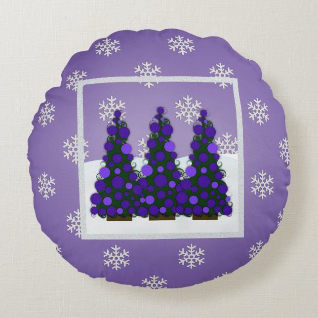 Snowy Purple Christmas Tree Round Pillow (Front)