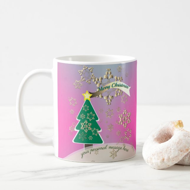 Snowy Purple Christmas Tree Scene Coffee Mug (With Donut)