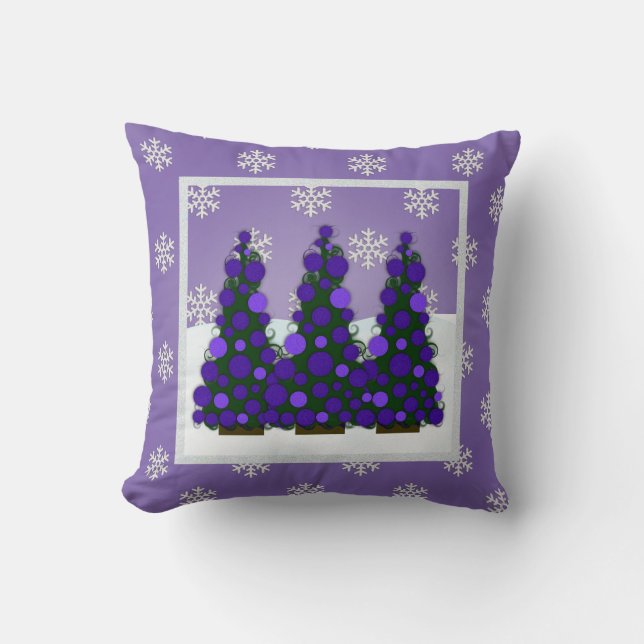 Snowy Purple Christmas Tree Throw Pillow (Front)