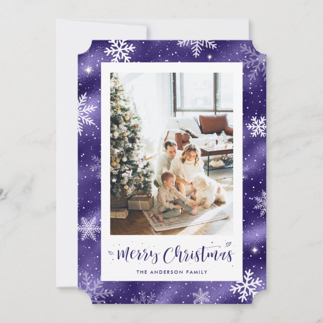 Snowy Purple Foil Photo Merry Christmas Holiday Card (Front)