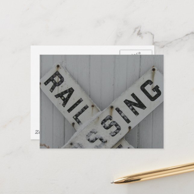 Snowy Rail Crossing Sign Postcard (Front/Back In Situ)