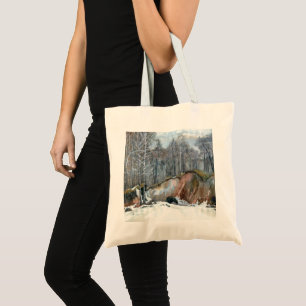 Snowy ravine painting watercolor on silk tote bag