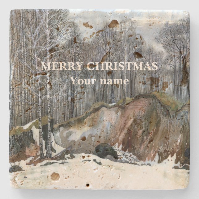 Snowy ravine watercolor  stone coaster (Front)