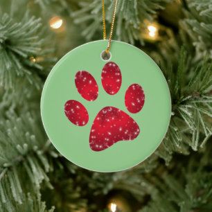 Snowy Red Animal Paw Print Ceramic Tree Decoration