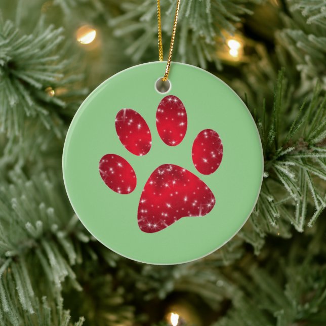 Snowy Red Animal Paw Print Ceramic Tree Decoration (Tree)