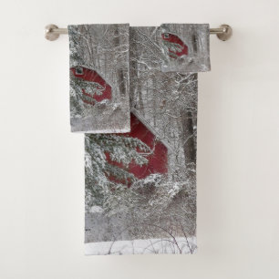 Snowy Red Barn Bath Towel Set
