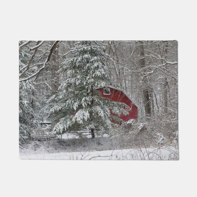 Snowy Red Barn Doormat (Front)