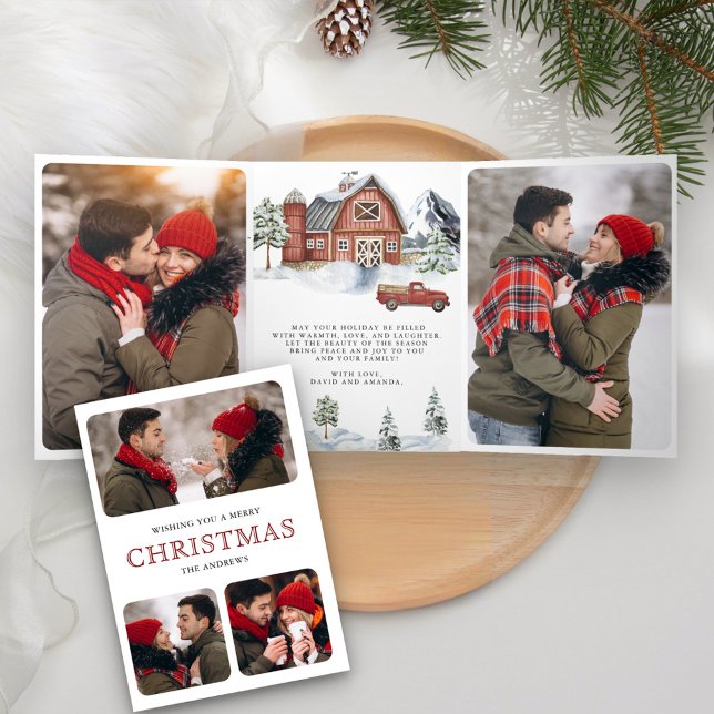 Snowy Red Barn Forest Photo Collage Christmas Tri-Fold Holiday Card (Creator Uploaded)