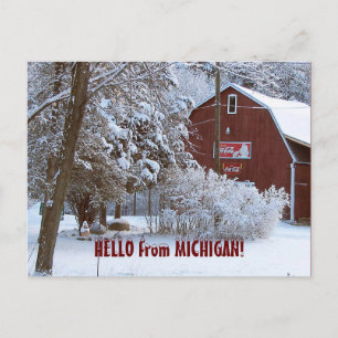 SNOWY RED BARN, HELLO from MICHIGAN! Postcard