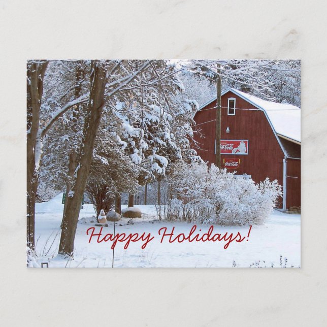 Snowy Red Barn Holiday Post Card (Front)