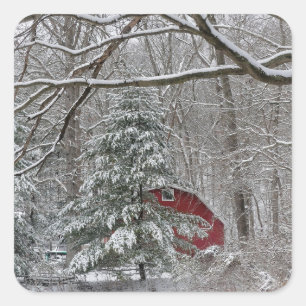 Snowy Red Barn Square Sticker