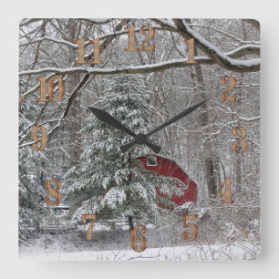 Snowy Red Barn Square Wall Clock