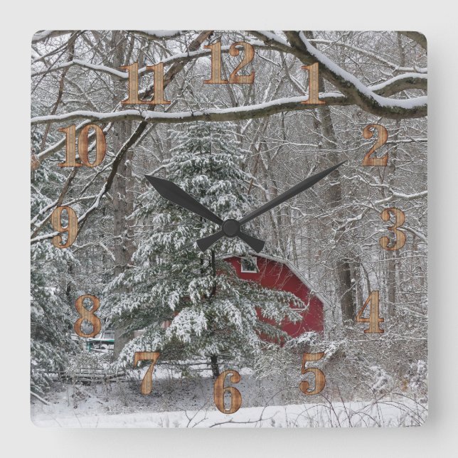 Snowy Red Barn Square Wall Clock (Front)