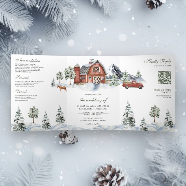 Snowy Red Barn Winter Christmas QR Code Wedding Tri-Fold Invitation (Creator Uploaded)
