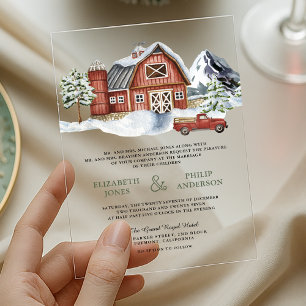 Snowy Red Barn Winter Christmas Wedding Acrylic Invitations