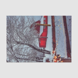 Snowy Red Barn with Christmas Lights on Fence Tissue Paper