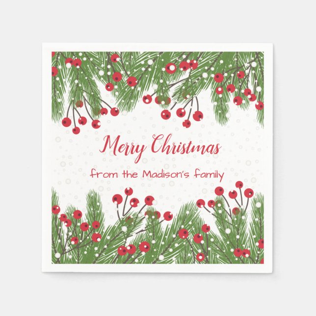 Snowy red berries, pine Christmas Napkin (Front)