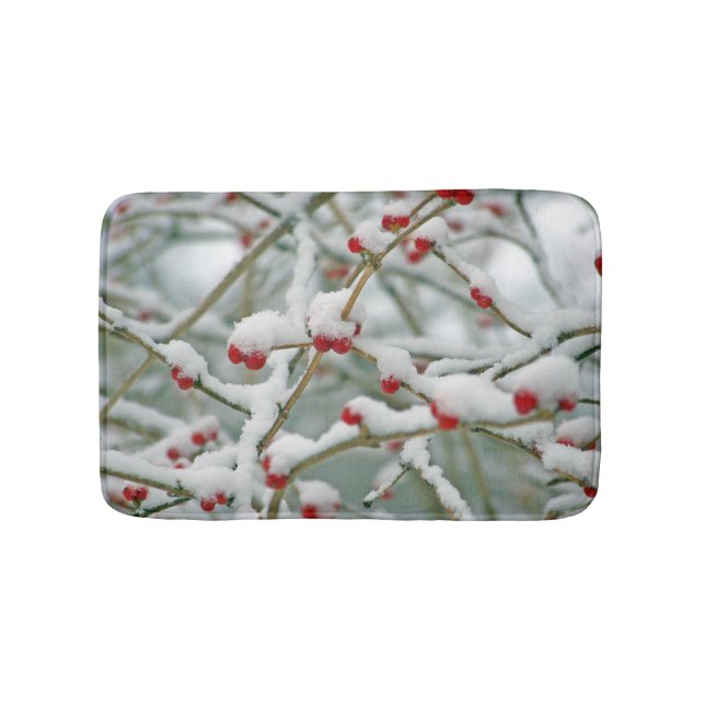 Snowy Red Berries Winter Scene Bath Mat (Front)