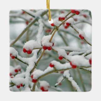 Snowy Red Berries Winter Scene Ceramic Tree Decoration