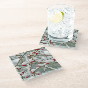 Snowy Red Berries Winter Scene Glass Coaster