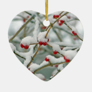 Snowy Red Berries Winter Scene Heart Ceramic Tree Decoration