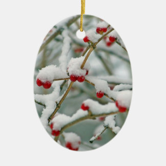 Snowy Red Berries Winter Scene Oval Ceramic Tree Decoration