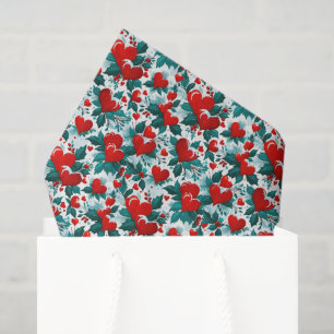 Snowy Red Christmas Hearts and Holly Tissue Paper