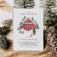Snowy Red Cottage with Rabbits Winter Baby Shower