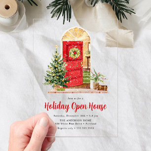 Snowy Red Door Holiday Open House Acrylic Invitations