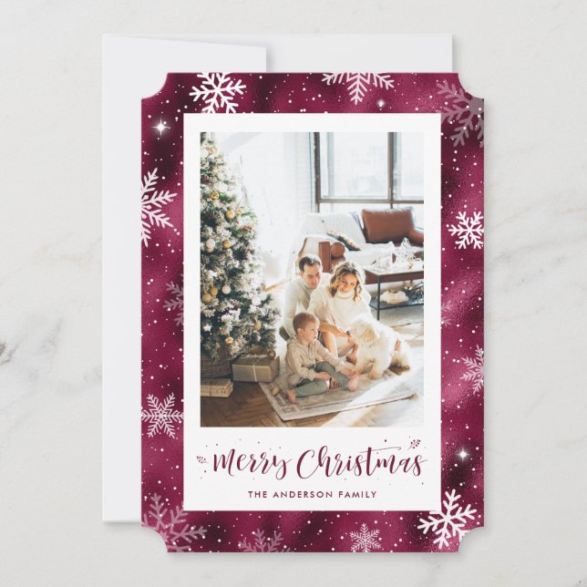 Snowy Red Foil Photo Merry Christmas Holiday Card (Front)
