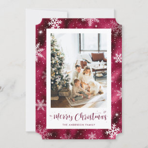 Snowy Red Foil Photo Merry Christmas Holiday Card