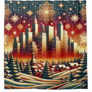 “Snowy Red Gold, and Green Christmas Cityscape” Shower Curtain