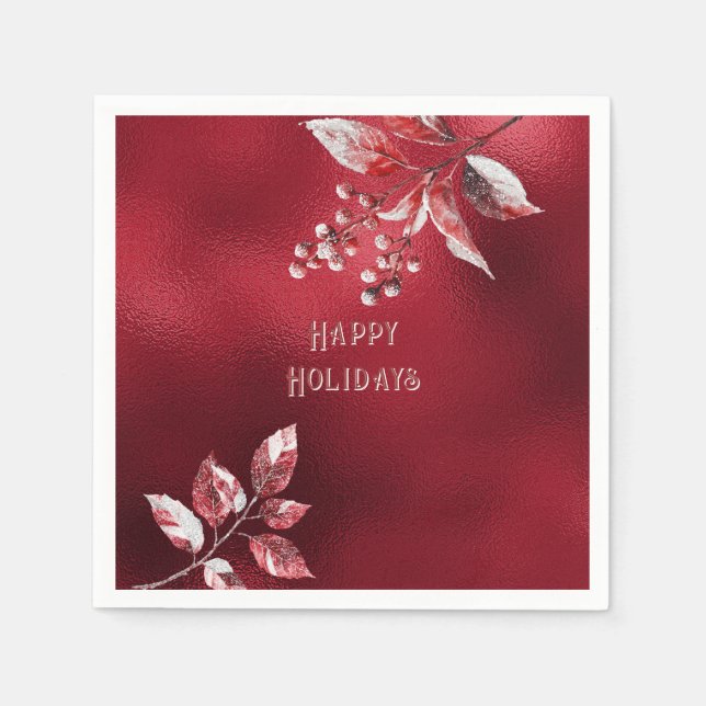 Snowy Red Leaves Christmas Holiday Napkin (Front)