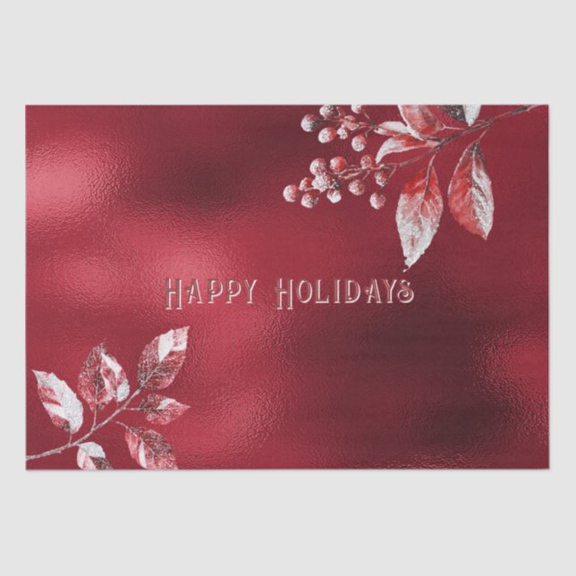 Snowy Red Leaves Christmas Holiday Tissue Paper (Front)