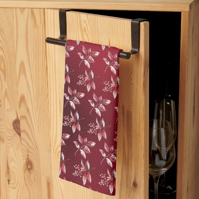 Snowy Red Leaves Christmas Kitchen Towel (Thirds Fold)